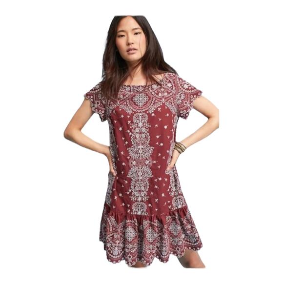 ANTHROPOLOGIE FEATHER BONE Ynez Maroon Dress Flounced Embroidered Eyelet Blue - Picture 5 of 11